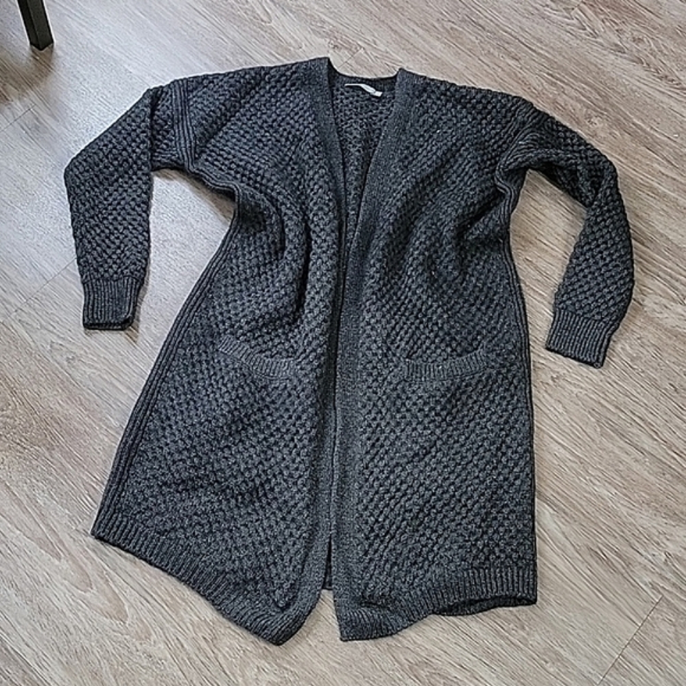 Vince. Charcoal Gray Honeycomb Yak Wool Blend Long Open Front Cardigan Sweater M